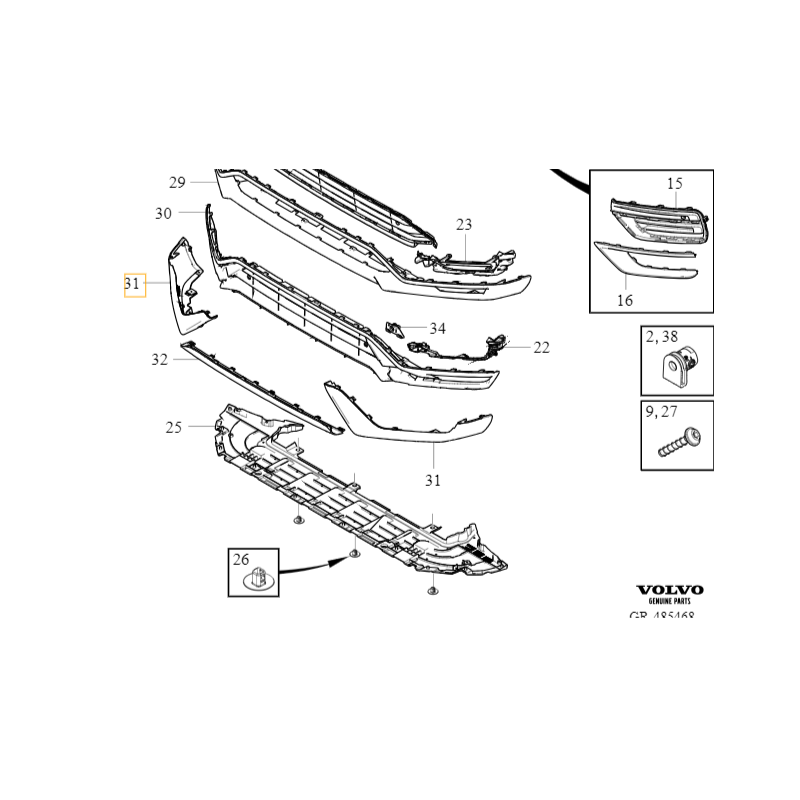VOLVO XC90 II oryginalna prawa listwa spoilera zderzak przod R-Design OE