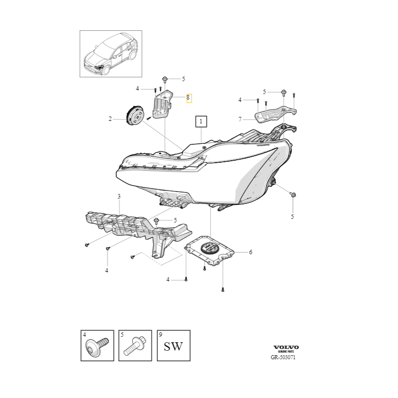 VOLVO EX30 wspornik uchwyt naprawczy lampy przód lewy wewn OE 80016779