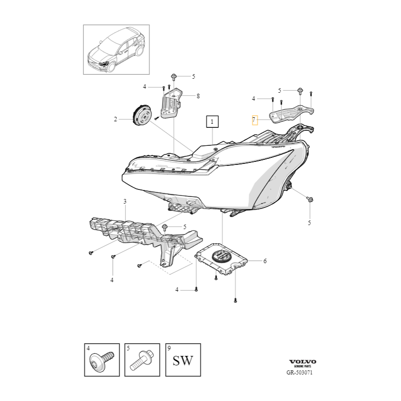 VOLVO EX30 wspornik uchwyt naprawczy lampy przód prawy zewn OE 80016774