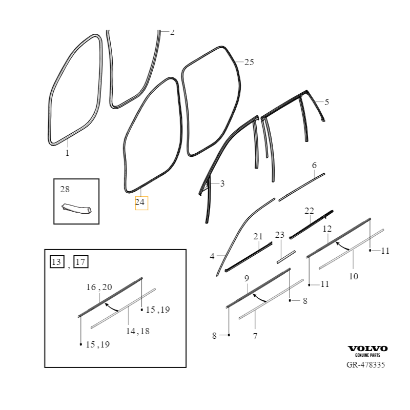 VOLVO V90 V90CC S90 uszczelka drzwi przód lewa prawa klejona OE 32229224