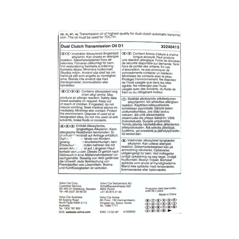 VOLVO V60 II XC40 olej automatycznej dwusprzeglowej skrzyni biegow D1 4L OE