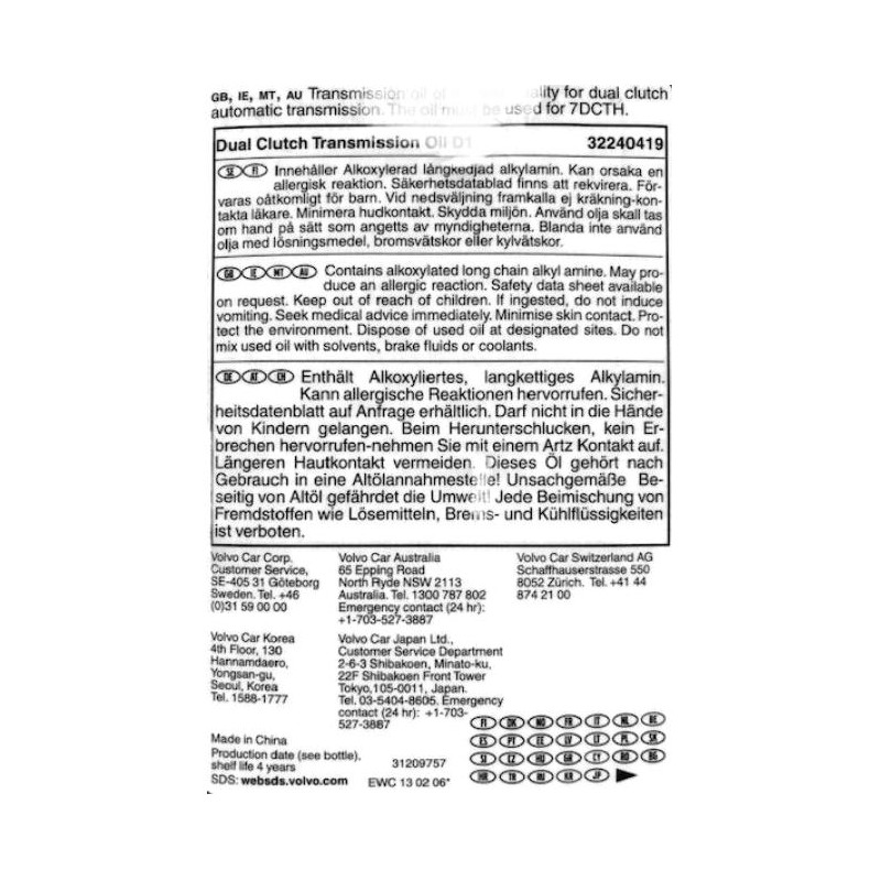 VOLVO V60 II XC40 olej automatycznej dwusprzeglowej skrzyni biegow D1 1L OE